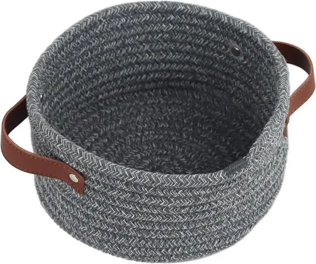 Main image of Small Woven Cotton Rope Basket with Leather Handle, Grey