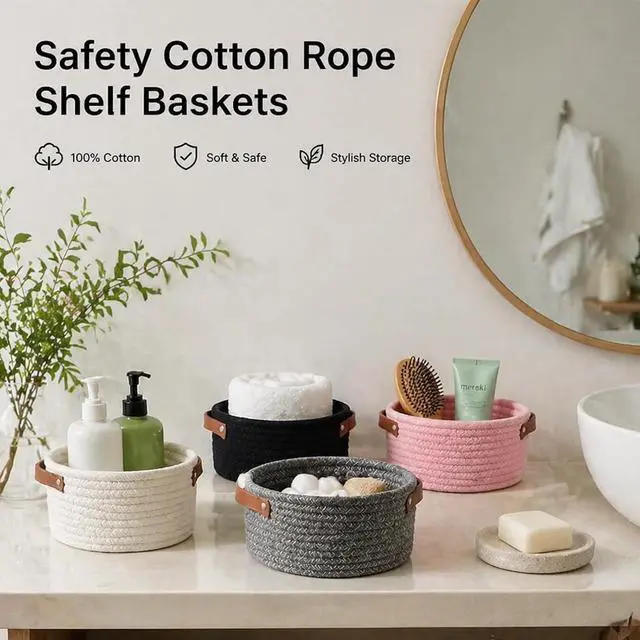Alt view image 2 of 7 - Small Woven Cotton Rope Basket with Leather Handle, Grey
