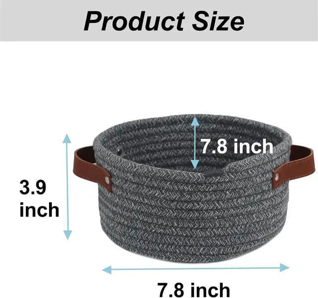 Alt view image 3 of 7 - Small Woven Cotton Rope Basket with Leather Handle, Grey