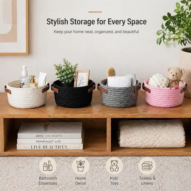 Alt view image 5 of 7 - Small Woven Cotton Rope Basket with Leather Handle, Grey