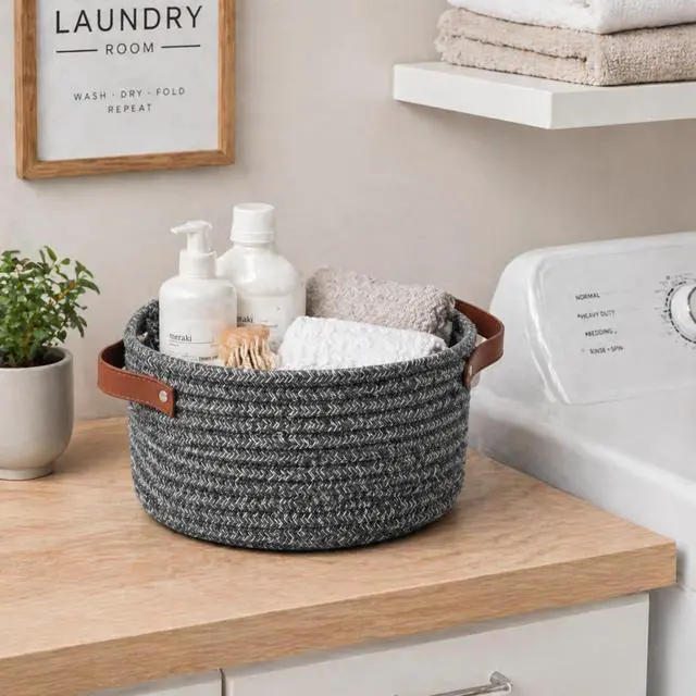 Alt view image 4 of 7 - Small Woven Cotton Rope Basket with Leather Handle, Grey