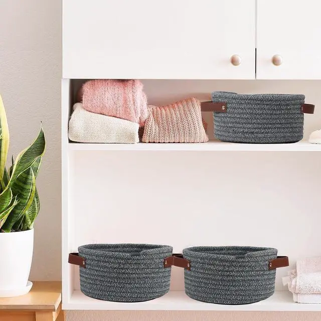 Alt view image 7 of 7 - Small Woven Cotton Rope Basket with Leather Handle, Grey