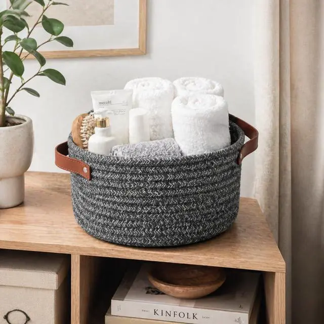 Alt view image 6 of 7 - Small Woven Cotton Rope Basket with Leather Handle, Grey