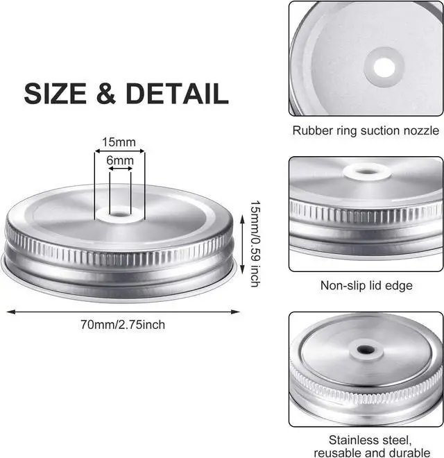 Alt view image 2 of 7 - Mudder 8 Pcs Metal Mason Jar Lids with Straw Hole 2.7 Inch,Silver