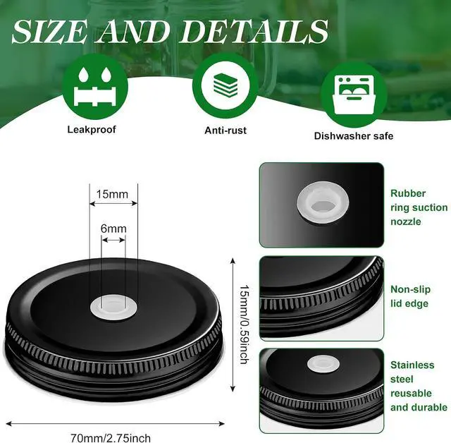 Alt view image 2 of 7 - Mudder 8 Pcs Metal Mason Jar Lids with Straw Hole 2.7 Inch,Black