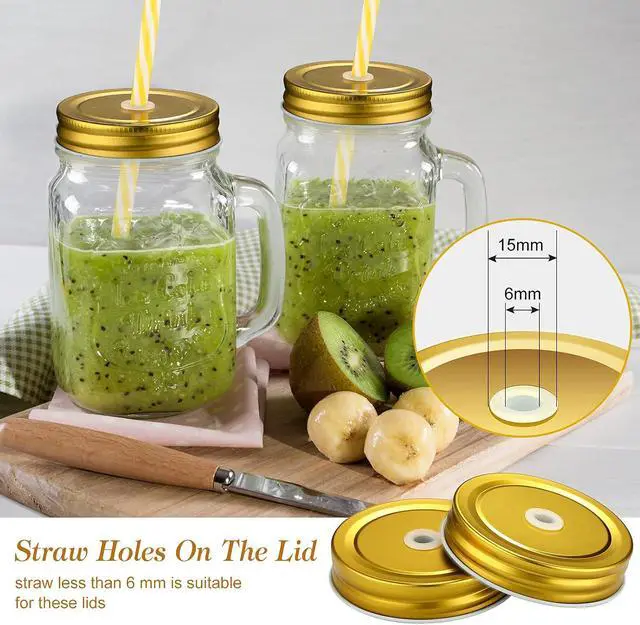Alt view image 5 of 6 - Mudder 8 Pcs Metal Mason Jar Lids with Straw Hole 2.7 Inch,Gold