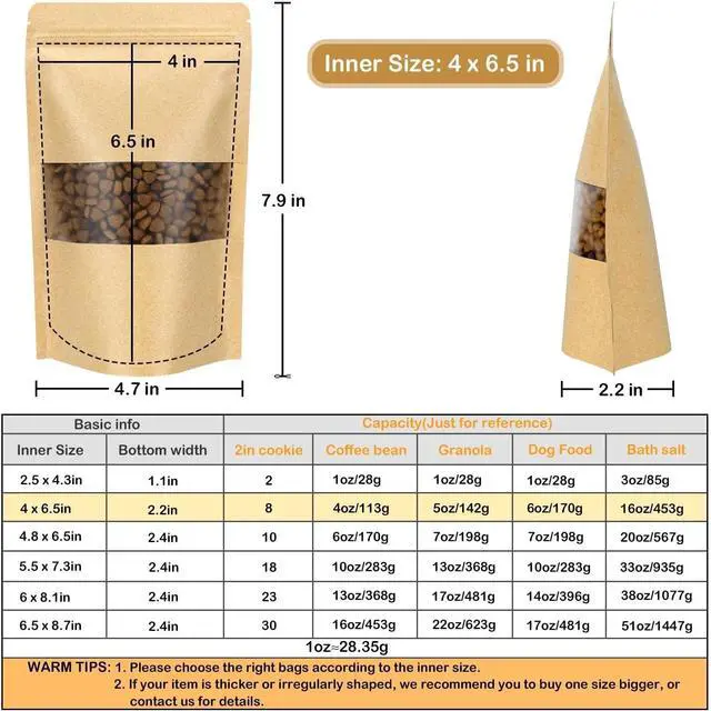 Alt view image 2 of 6 - 50 Pack Kraft Resealable Bags with Window for Storage (4 x 6.5 Inches)