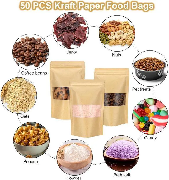 Alt view image 3 of 6 - 50 Pack Kraft Resealable Bags with Window for Storage (4 x 6.5 Inches)