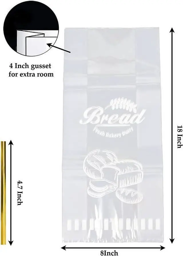 Alt view image 2 of 5 - 50 Pcs Bread Bags with Ties - 8x18 Inch with 4" Side Gusset Clear Plastic Bakery Bags for Homemade Sourdough, Artisan Loaves, Crusty Bread Storage
