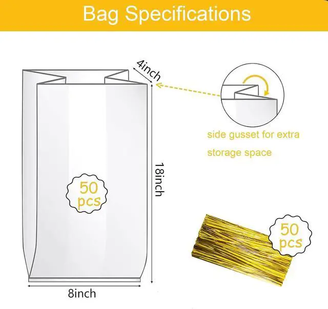 Alt view image 2 of 7 - 50 Pcs Bread Bags with Ties - 8x18 Inch with 4" Side Gusset Clear Plastic Bakery Bags for Homemade Sourdough, Artisan Loaves, Crusty Bread Storage
