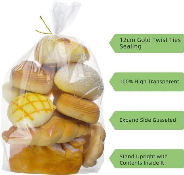Alt view image 3 of 7 - 50 Pcs Bread Bags with Ties - 8x18 Inch with 4" Side Gusset Clear Plastic Bakery Bags for Homemade Sourdough, Artisan Loaves, Crusty Bread Storage