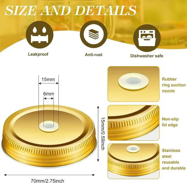 Alt view image 2 of 6 - Mudder 8 Pcs Metal Mason Jar Lids with Straw Hole 2.7 Inch,Gold