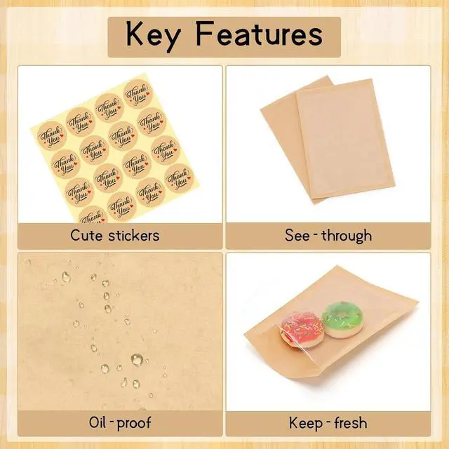 Alt view image 3 of 6 - 120 Pack Cookie Bags with Stickers, 5.1×7.5 In Paper Bakery Bags with Seal