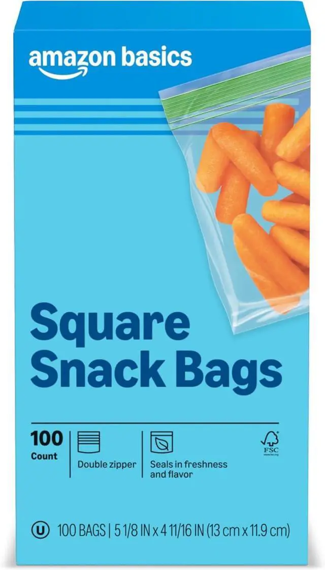 Main image of Amazon Basics Square Snack Bags with Double Zipper, Seals in Freshness, 5 1/8" x 4 11/16", 100 Count