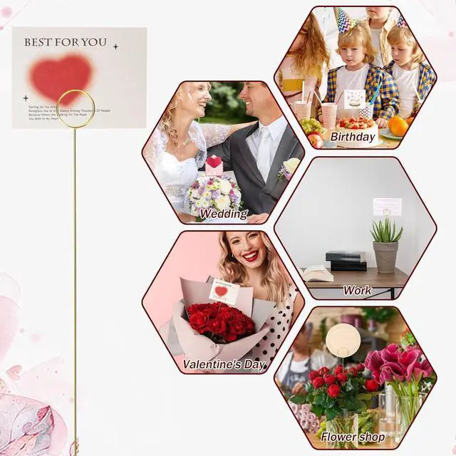 Alt view image 7 of 7 - 20Pcs Place Card Holder, Metal Floral Place Card Holder, Gold Table Number Holders, Round Shape Flower Pick Clips, Gold Metal Card Picture Holder Pick, Floral Gift Card Holder Clips for Wedding P