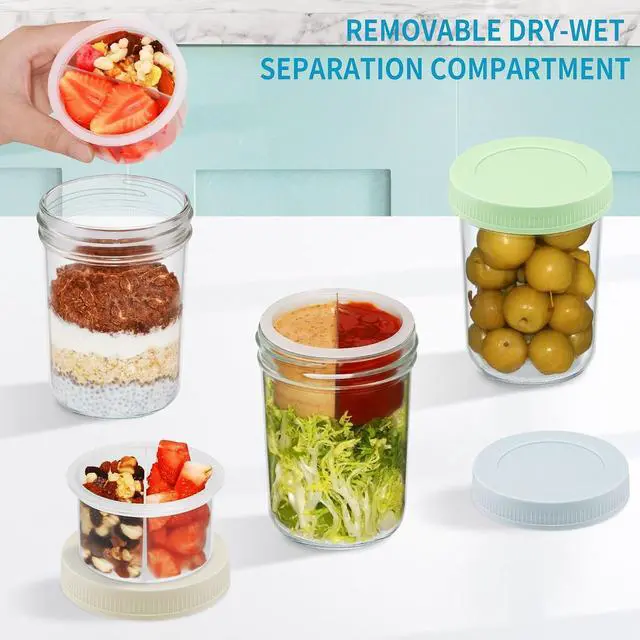 Alt view image 2 of 7 - Xyptorix 2 Pack 16 oz Overnight Oats Jars with Airtight Lids, Divided Cups