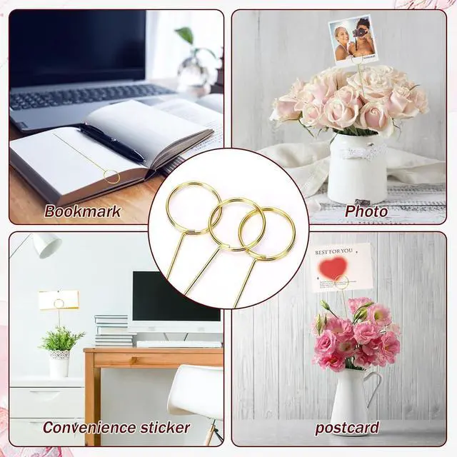 Alt view image 6 of 7 - 20Pcs Place Card Holder, Metal Floral Place Card Holder, Gold Table Number Holders, Round Shape Flower Pick Clips, Gold Metal Card Picture Holder Pick, Floral Gift Card Holder Clips for Wedding P