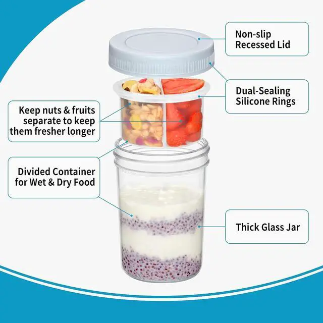 Alt view image 6 of 7 - Xyptorix 2 Pack 16 oz Overnight Oats Jars with Airtight Lids, Divided Cups