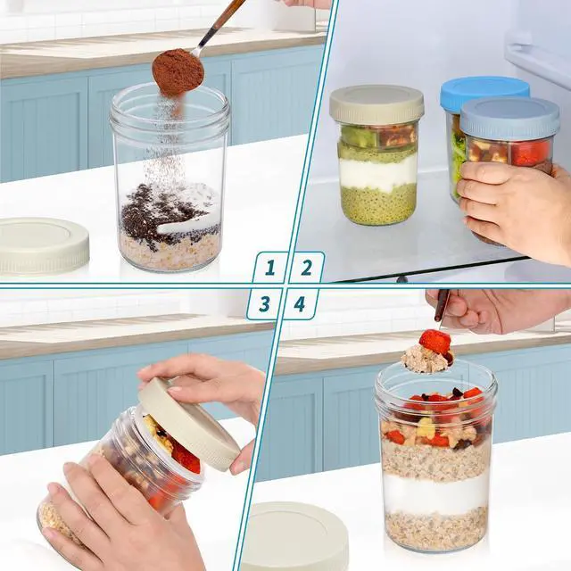 Alt view image 7 of 7 - Xyptorix 2 Pack 16 oz Overnight Oats Jars with Airtight Lids, Divided Cups