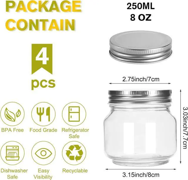 Alt view image 2 of 7 - 8oz Mason Jars with Lids, 4 Pack Small Regular Mouth Glass Canning Jars