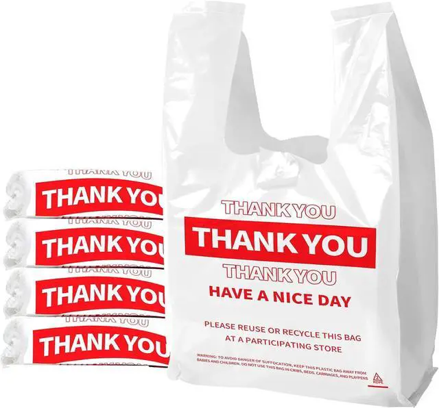 Main image of White Thank You Plastic Bags with Handles, 100 Pack Heavy Duty T-Shirt Sacks for Grocery Shopping, Retail & Small Business, Disposable Yet Reusable Merchandise Bags (11.5"x6.5"x21")