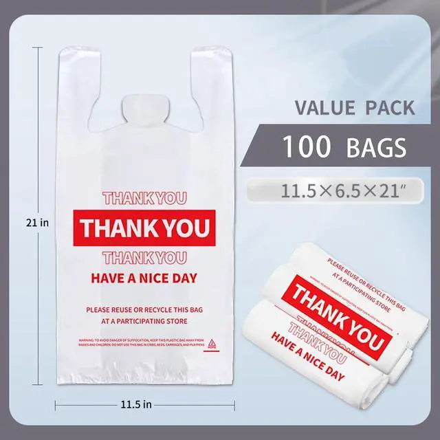 Alt view image 2 of 7 - White Thank You Plastic Bags with Handles, 100 Pack Heavy Duty T-Shirt Sacks for Grocery Shopping, Retail & Small Business, Disposable Yet Reusable Merchandise Bags (11.5"x6.5"x21")