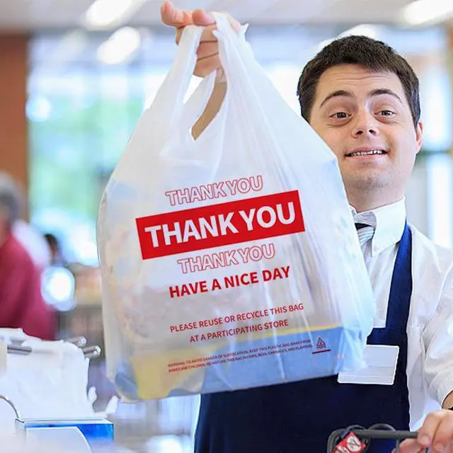 Alt view image 4 of 7 - White Thank You Plastic Bags with Handles, 100 Pack Heavy Duty T-Shirt Sacks for Grocery Shopping, Retail & Small Business, Disposable Yet Reusable Merchandise Bags (11.5"x6.5"x21")