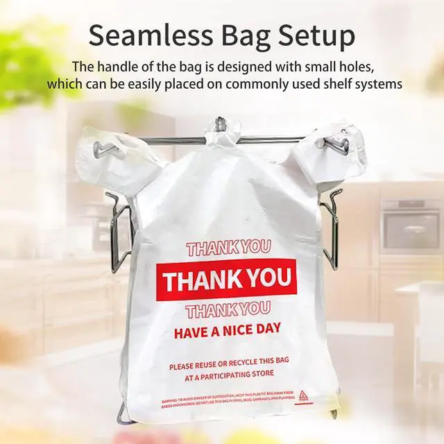 Alt view image 5 of 7 - White Thank You Plastic Bags with Handles, 100 Pack Heavy Duty T-Shirt Sacks for Grocery Shopping, Retail & Small Business, Disposable Yet Reusable Merchandise Bags (11.5"x6.5"x21")