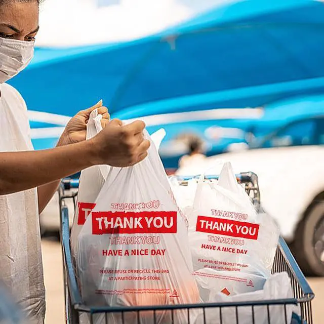 Alt view image 6 of 7 - White Thank You Plastic Bags with Handles, 100 Pack Heavy Duty T-Shirt Sacks for Grocery Shopping, Retail & Small Business, Disposable Yet Reusable Merchandise Bags (11.5"x6.5"x21")