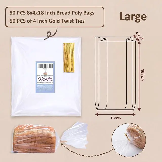 Alt view image 2 of 7 - Wowfit 50 CT Large 8x4x18 Bread Bags for Homemade Bread, 50 Gold Twist Ties