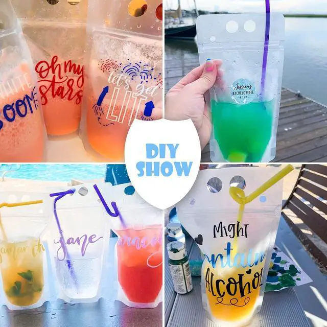 Alt view image 3 of 7 - 50 Pcs Drink Pouches, Juice Pouches for Adults, Reusable, Reclosable Zipper Smoothie Bags for Cold & Hot Drinks with 50 Straws & Silicone Funnel