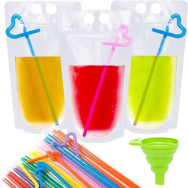 Main image of 50 Pcs Drink Pouches, Juice Pouches for Adults, Reusable, Reclosable Zipper Smoothie Bags for Cold & Hot Drinks with 50 Straws & Silicone Funnel
