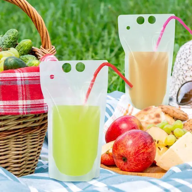 Alt view image 2 of 7 - 50 Pcs Drink Pouches, Juice Pouches for Adults, Reusable, Reclosable Zipper Smoothie Bags for Cold & Hot Drinks with 50 Straws & Silicone Funnel