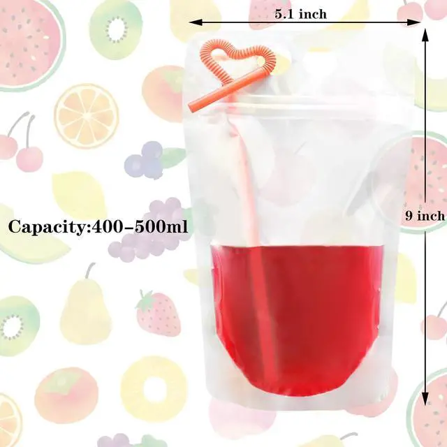 Alt view image 4 of 7 - 50 Pcs Drink Pouches, Juice Pouches for Adults, Reusable, Reclosable Zipper Smoothie Bags for Cold & Hot Drinks with 50 Straws & Silicone Funnel