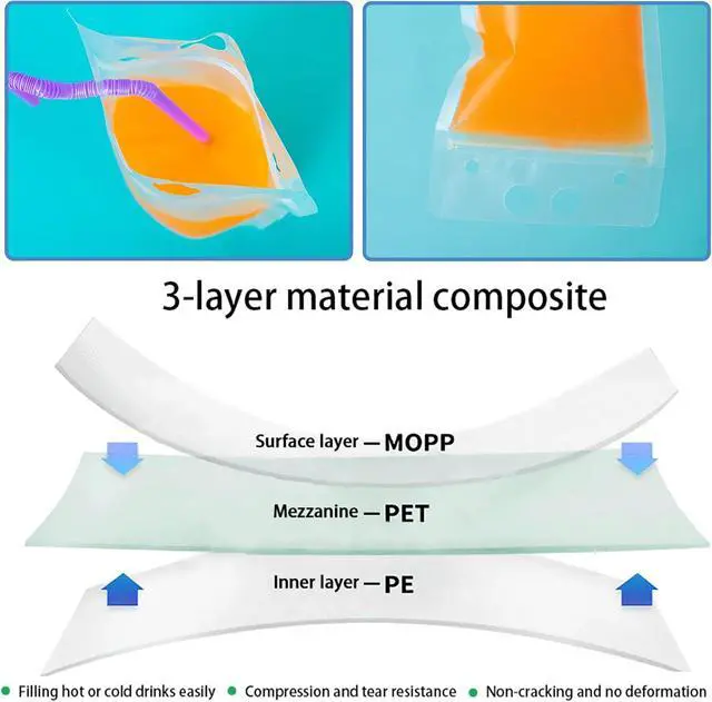 Alt view image 6 of 7 - 50 Pcs Drink Pouches, Juice Pouches for Adults, Reusable, Reclosable Zipper Smoothie Bags for Cold & Hot Drinks with 50 Straws & Silicone Funnel