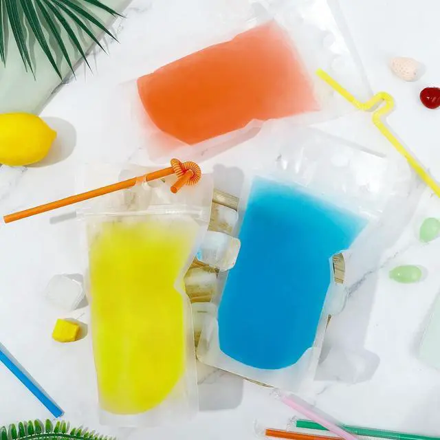 Alt view image 5 of 7 - 50 Pcs Drink Pouches, Juice Pouches for Adults, Reusable, Reclosable Zipper Smoothie Bags for Cold & Hot Drinks with 50 Straws & Silicone Funnel