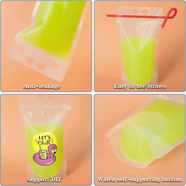 Alt view image 7 of 7 - 50 Pcs Drink Pouches, Juice Pouches for Adults, Reusable, Reclosable Zipper Smoothie Bags for Cold & Hot Drinks with 50 Straws & Silicone Funnel