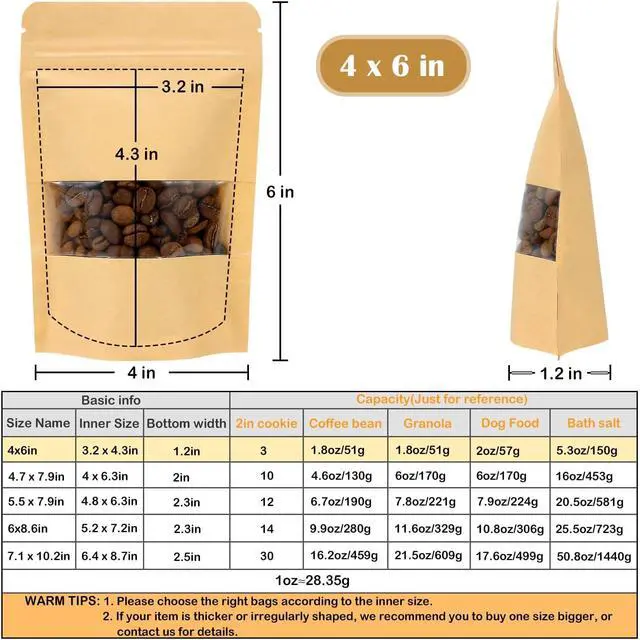 Alt view image 2 of 7 - 50 Pack Kraft Paper Resealable Bags with Clear Window (4 X 6 Inches)