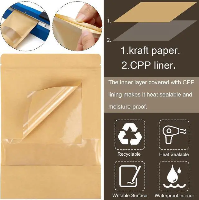 Alt view image 4 of 7 - 50 Pack Kraft Paper Resealable Bags with Clear Window (4 X 6 Inches)
