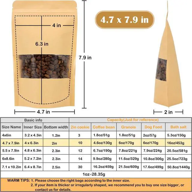 Alt view image 2 of 7 - 50 Pack Kraft Paper Resealable Bags with Clear Window (4.7 X 7.9 Inches)