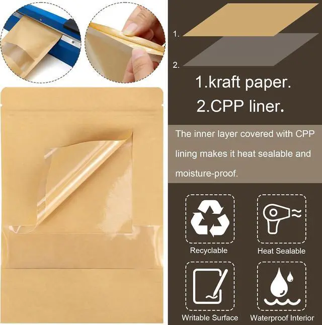 Alt view image 4 of 7 - 50 Pack Kraft Paper Resealable Bags with Clear Window (4.7 X 7.9 Inches)
