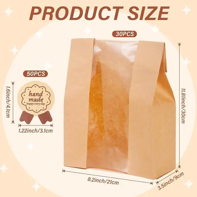 Alt view image 2 of 7 - 30 Pcs Sourdough Bread Bags, 13.7x8.2x3.5inch Bread Bags for Homemade, Large Kraft Paper Bakery Bag with Window for Baked Food Packaging Storage, Pack Breakfast and Lunch, Large Kraft Brown