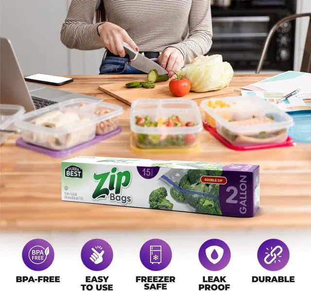 Alt view image 3 of 7 - 2 Gallon Storage Zip Bags - 15 Count | Extra Large, Leak-Proof, Freezer Safe & Resealable Food Storage Bags with Double Zip Lock | Heavy-Duty, BPA-Free, Multi-Purpose - DURRA BEST