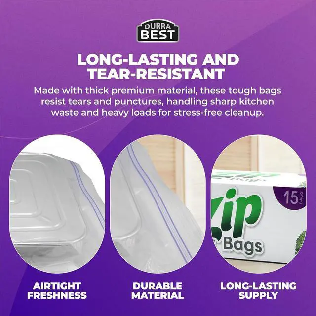 Alt view image 6 of 7 - 2 Gallon Storage Zip Bags - 15 Count | Extra Large, Leak-Proof, Freezer Safe & Resealable Food Storage Bags with Double Zip Lock | Heavy-Duty, BPA-Free, Multi-Purpose - DURRA BEST