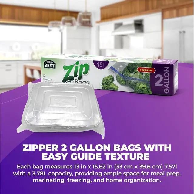 Alt view image 4 of 7 - 2 Gallon Storage Zip Bags - 15 Count | Extra Large, Leak-Proof, Freezer Safe & Resealable Food Storage Bags with Double Zip Lock | Heavy-Duty, BPA-Free, Multi-Purpose - DURRA BEST