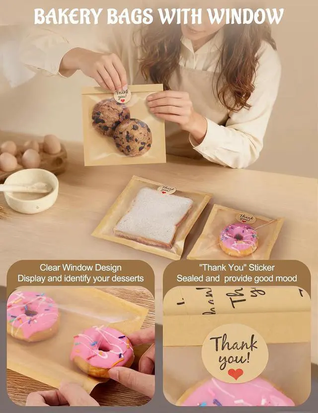 Alt view image 2 of 7 - FireKylin 100Pcs Cookie Bags with Seal, 7.1"x7.5" Paper Bakery Packaging