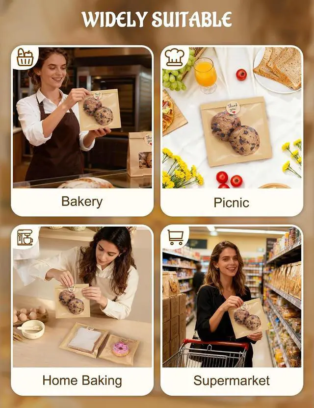 Alt view image 7 of 7 - FireKylin 100Pcs Cookie Bags with Seal, 7.1"x7.5" Paper Bakery Packaging