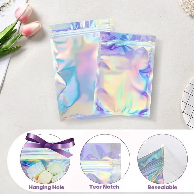 Alt view image 5 of 7 - 100Pcs Holographic Packaging Bags, 3.1x4.7 inch Resealable Foil Pouch