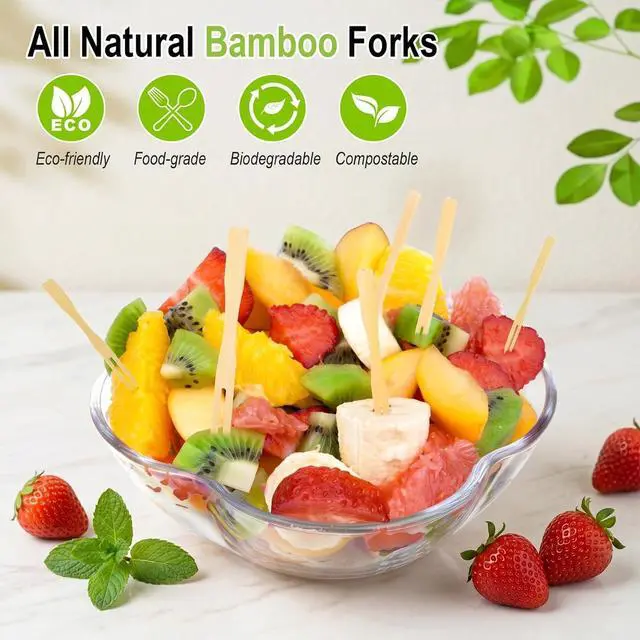 Alt view image 2 of 6 - Jovitec 220 Pcs Mini Bamboo Forks 3.5 Inch Appetizer Cocktail Forks Bulk disposable Wood Toothpicks Double Prong Charcuterie Picks for Birthday Party Wedding Food Fruit Supply