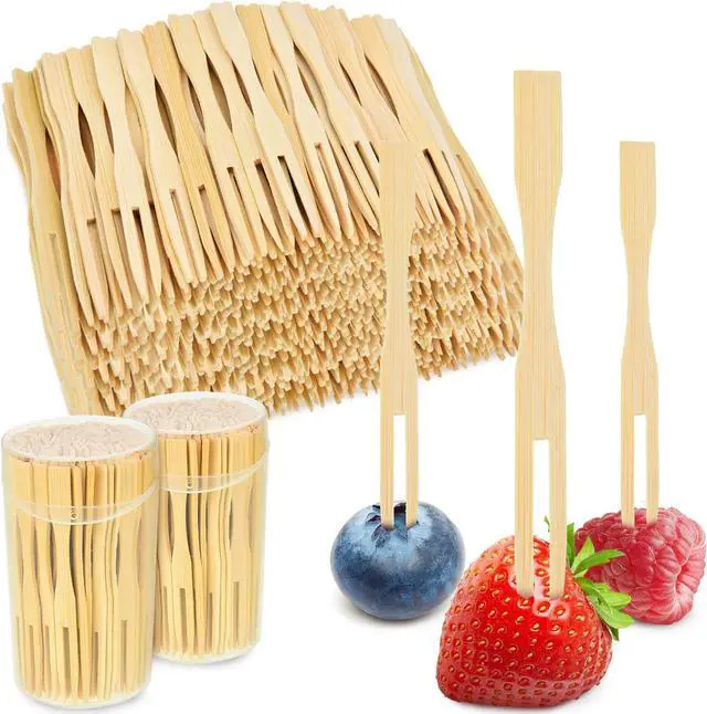 Main image of Jovitec 220 Pcs Mini Bamboo Forks 3.5 Inch Appetizer Cocktail Forks Bulk disposable Wood Toothpicks Double Prong Charcuterie Picks for Birthday Party Wedding Food Fruit Supply